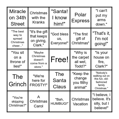 Christmas Movie & Movie Quote Bingo Card