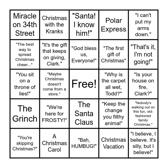 Christmas Movie & Movie Quote Bingo Card