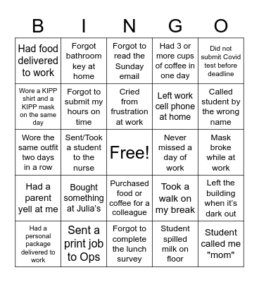 Learning Center Bingo Card