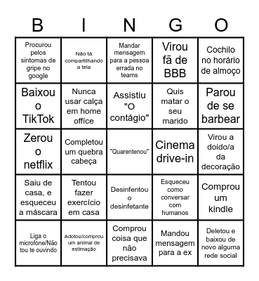 Social Distancing Bingo Card