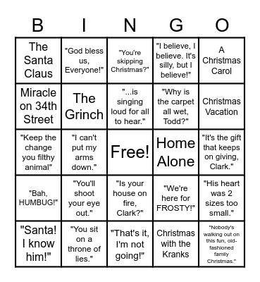 Christmas Movie & Movie Quote Bingo Card