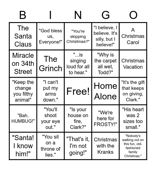 Christmas Movie & Movie Quote Bingo Card