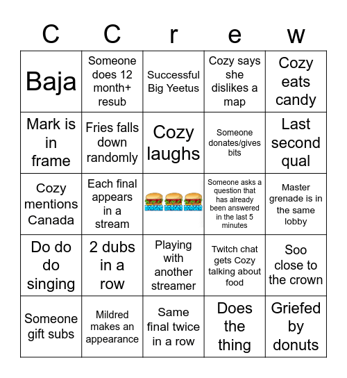 Cozy Crew Falls Guys Bingo Card