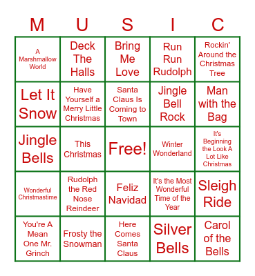 Christmas Song Music Bingo Card