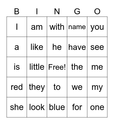 Sight Words Bingo Card