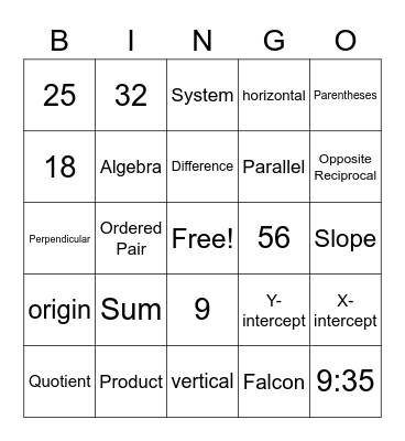 Algebra - 3 Review of common terminology Bingo Card