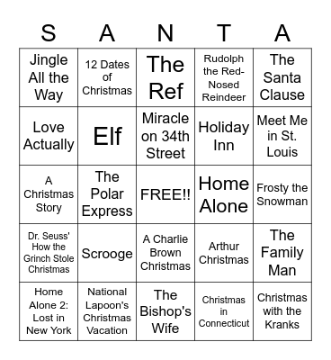 Holiday Movies  Bingo Card