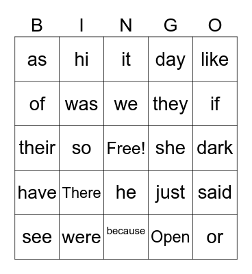 Sight Words Bingo Card