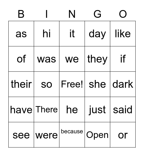 Sight Words Bingo Card