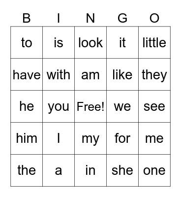 Sight Words Bingo Card