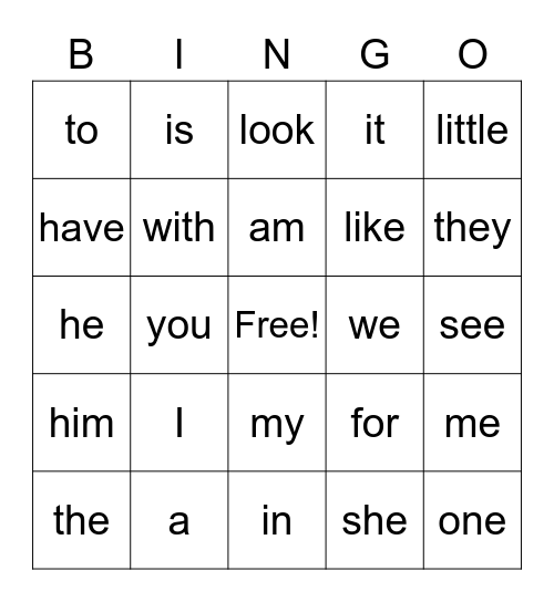 Sight Words Bingo Card