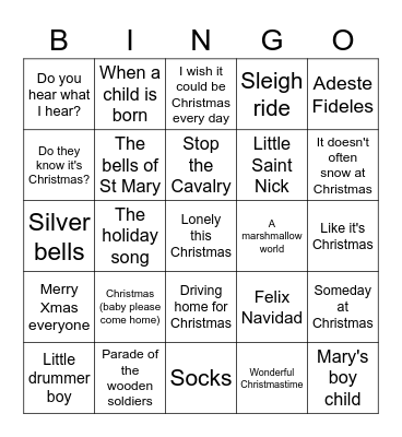 Christmas Song Bingo Card