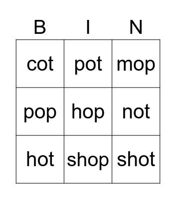 -op / -ot Families Bingo Card