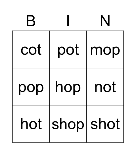 -op / -ot Families Bingo Card