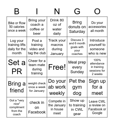 Columbus Weightlifting Bingo Card