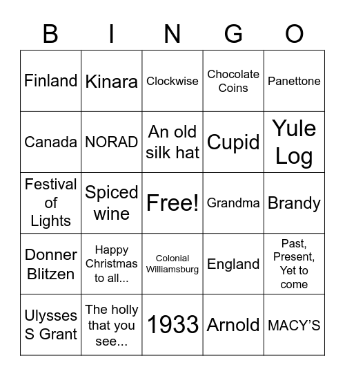 A Holiday Bingo Quiz Bingo Card