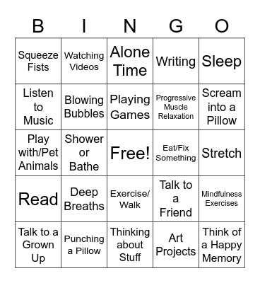 Coping Tools Bingo Card