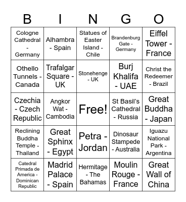 International Landmarks/Monuments Bingo Card