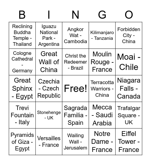 International Landmarks/Monuments Bingo Card