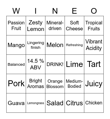 Z. Alexander Brown Sauvignon Blanc Bingo Card