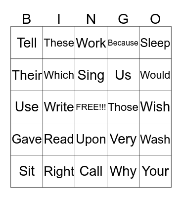 Dolch Second Grade Bingo Card