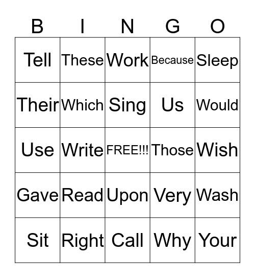 Dolch Second Grade Bingo Card