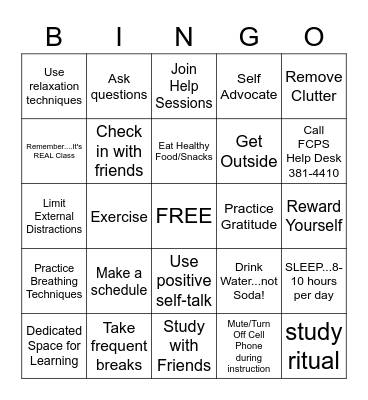 Bearcat Bridge Strategies/Self-Care Bingo Card