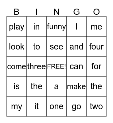 Sight Word Bingo Card