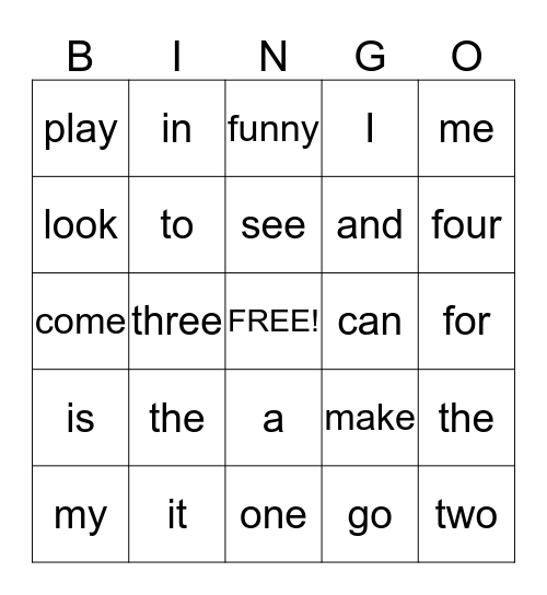 Sight Word Bingo Card