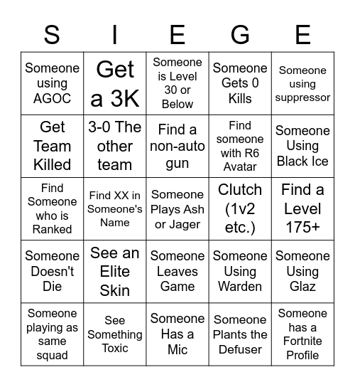 R6 Bingo Card