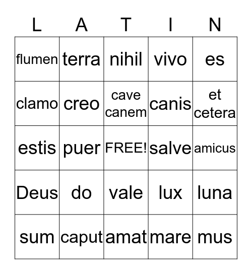 Latin Bingo Card