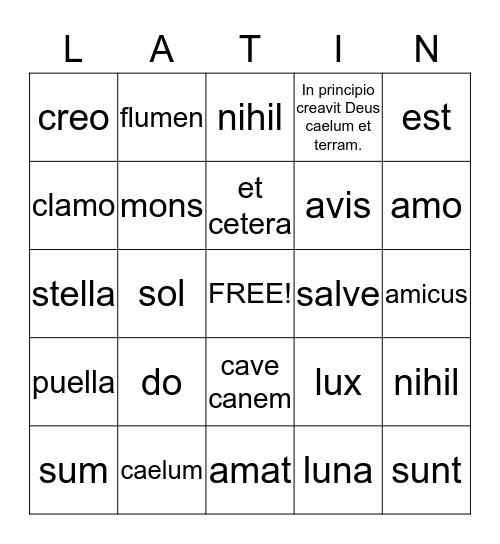 Latin Bingo Card
