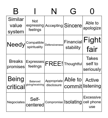 Healthy Relationships Bingo Card