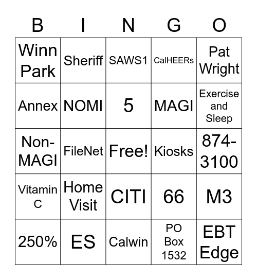 DHA Lingo Bingo Card