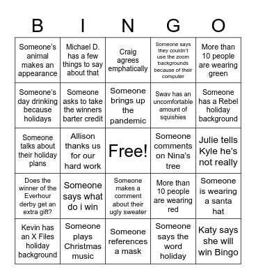 Rebel Holiday Bingo Card