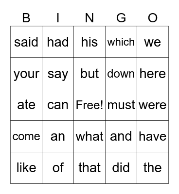 Heart Words - Lists 1 and 2 Bingo Card