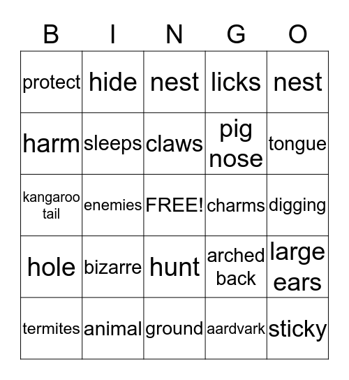 Aardvark Bingo Card