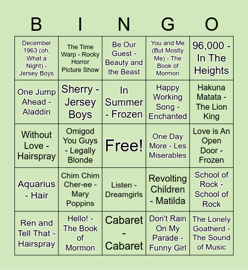 Lundquist Bingo - Hits From the Musicals Bingo Card