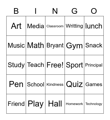 School Bingo Card