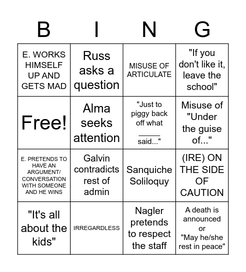 FACULTY MEETING BINGO Card