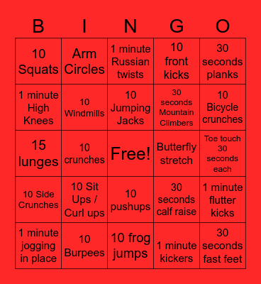 Physical Fitness Bingo Card