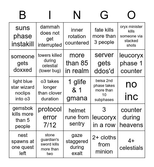 o3 event Bingo Card