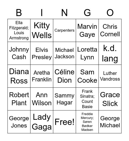 30 Singers That Topped The Charts Bingo Card
