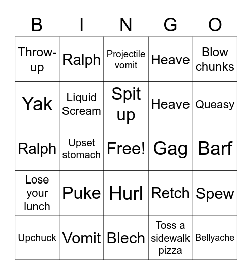 Vomit Word Bingo Card