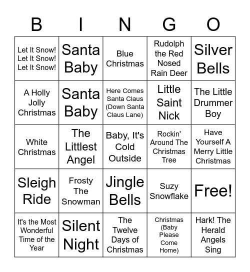 Traditional Holiday Songs "Merry Christmas" Bingo Card