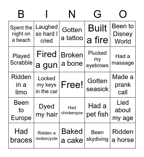 Never Have I Ever... Bingo Card