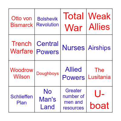 World War I Bingo Card