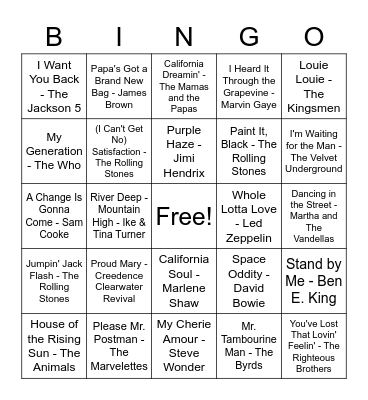 All-Time Classic Songs Bingo Card