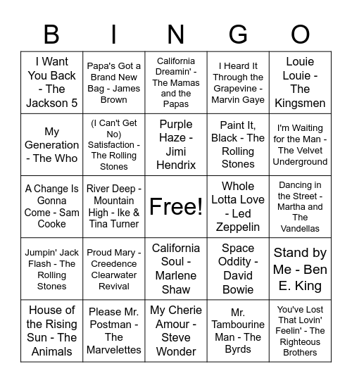 All-Time Classic Songs Bingo Card