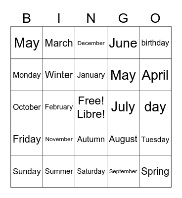 French seasons months dates Bingo Card